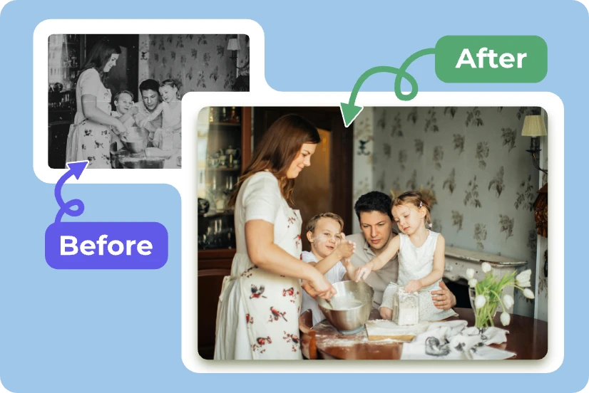 before and after effect of restoring family old photos in AI Ease