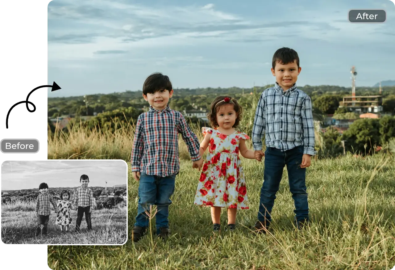 before and after effect of restoring the children group photo using AI Ease free AI photo restoration tool