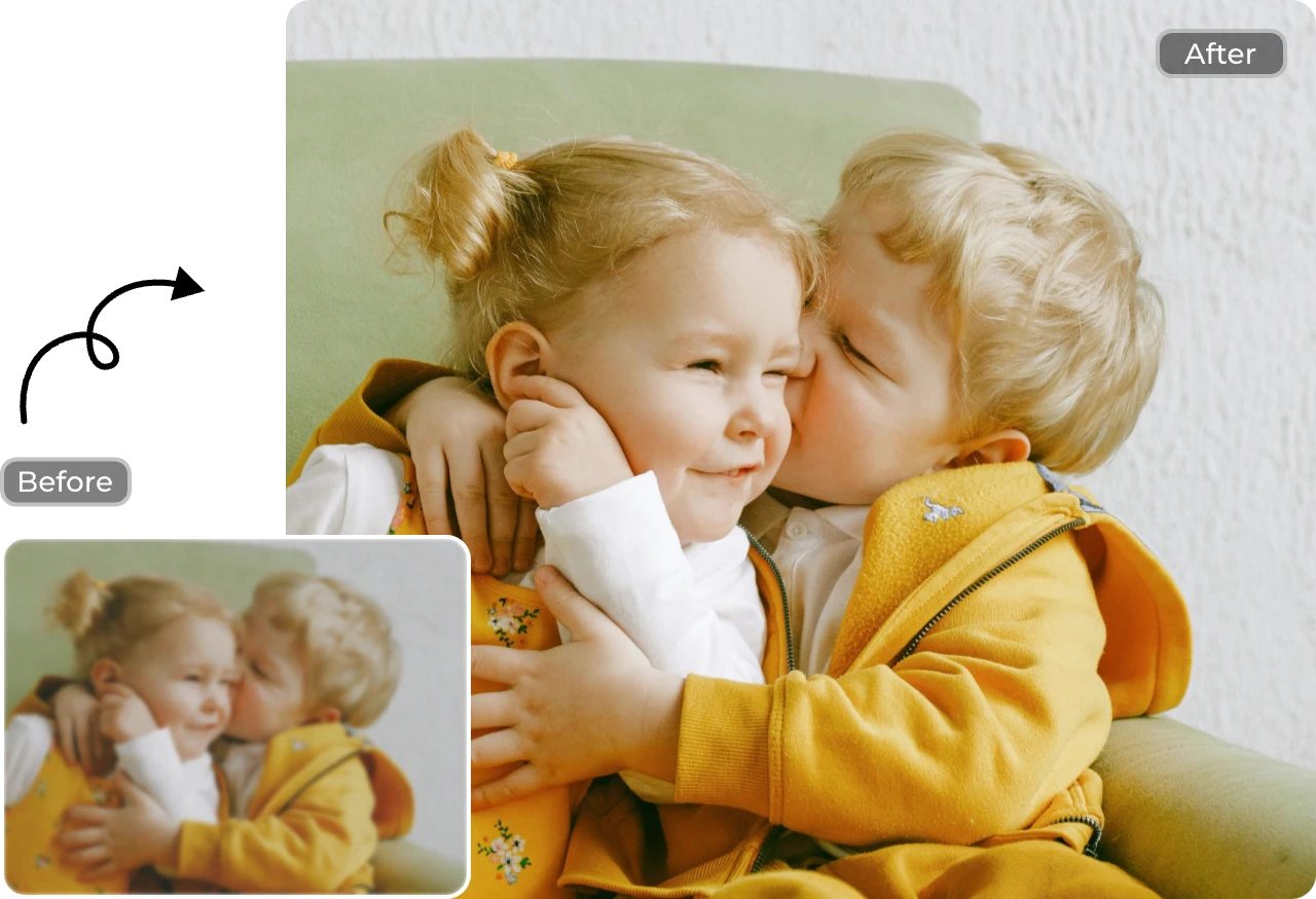 before and after effects of enhancing quality of children photo by using AI Ease free AI photo enhancer