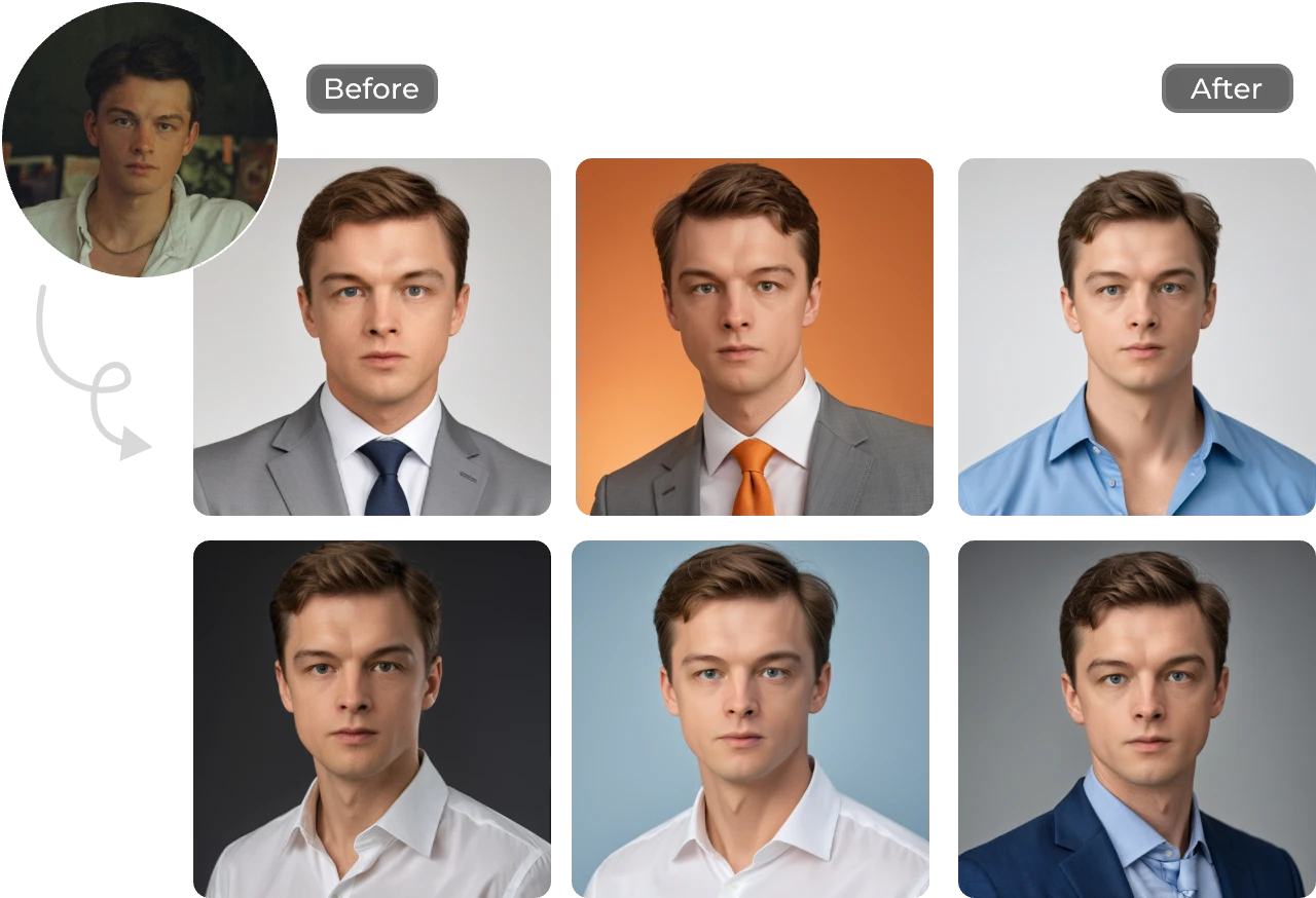 convert a male selfie in to 6 ai headshots by using AI Ease free AI headshot generator