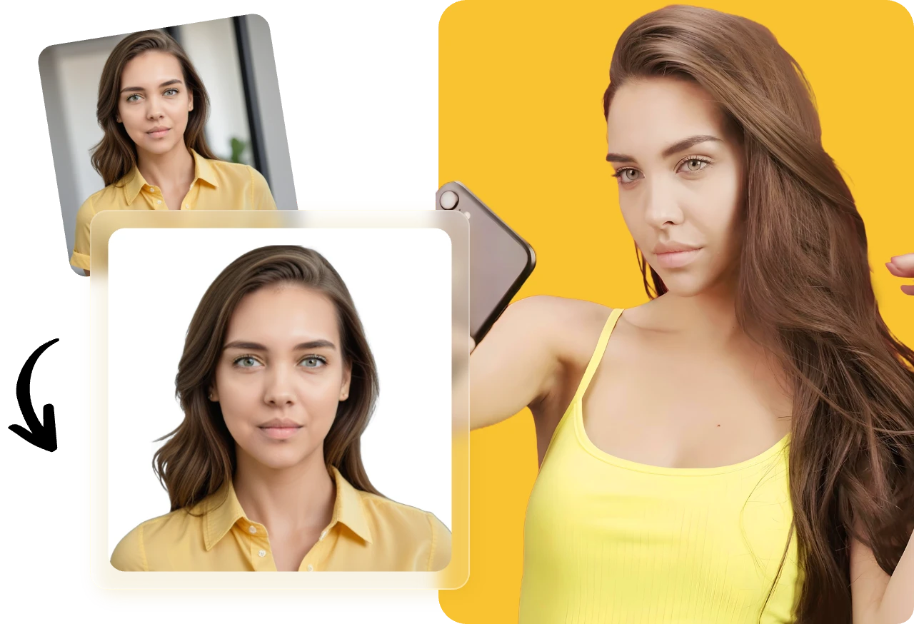 convert the female portrait into standard passport photo in AI Ease free passport photo maker