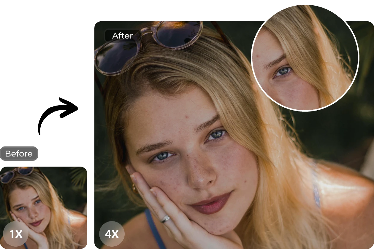 enlarging female with sunglasses image without losing quality in AI Ease