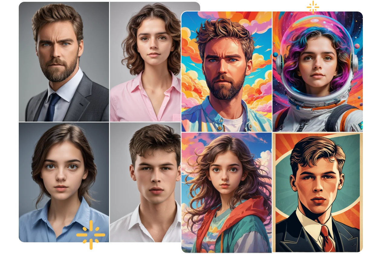 four professional and four creative AI profile picture styles from AI Ease