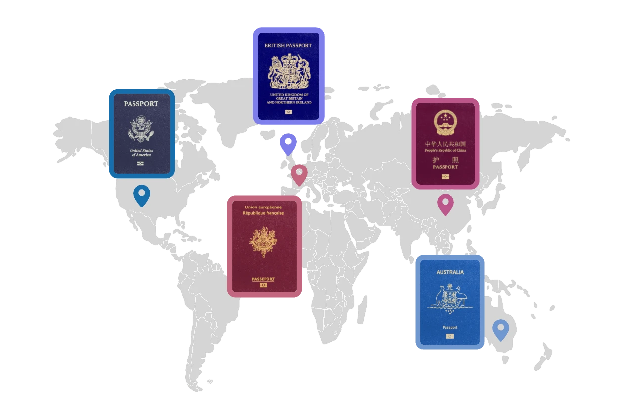 passport photos and a world map