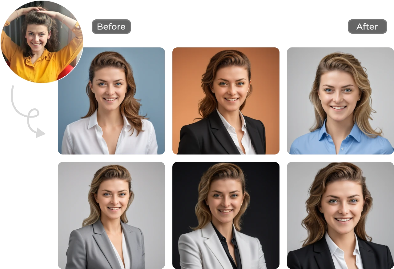 transform a female portrait into 6 ai headshots by using AI Ease free AI professional headshot generator