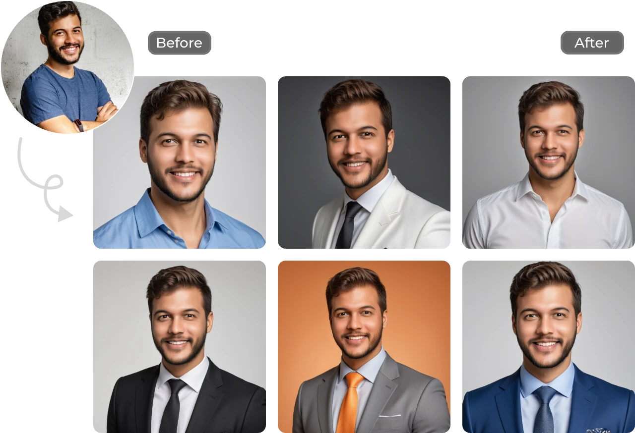 turn a male photo into 6 ai generated headshots by using AI Ease free headshot generator