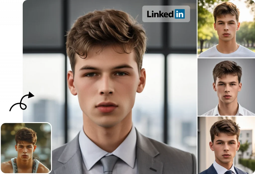 turn a male portrait into the professional AI linkedin headshot in AI Ease