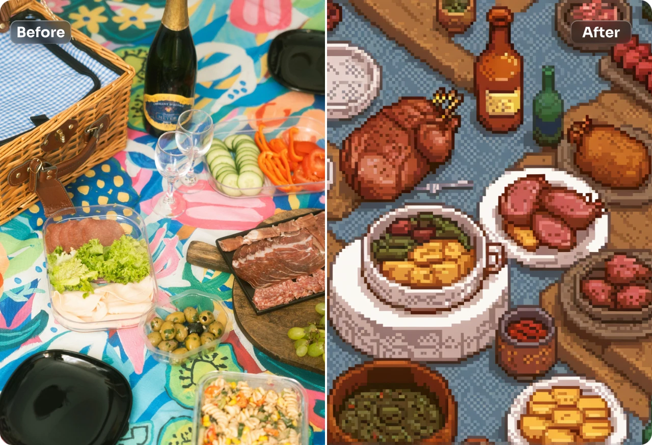 apply free pixel art filter to food image in AI Ease