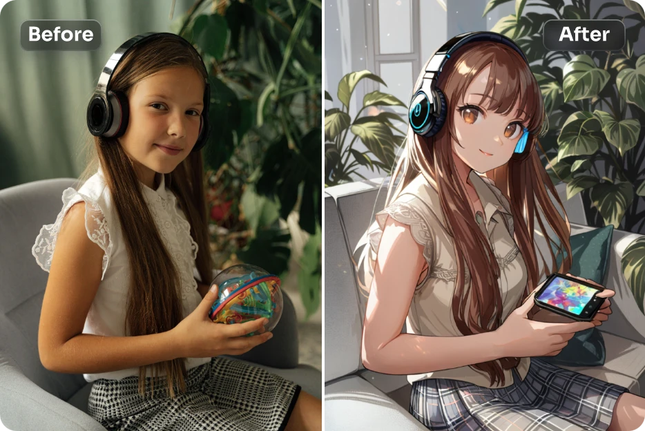 before and after effect of adding ai anime filter to a girl with headphone image in AI Ease