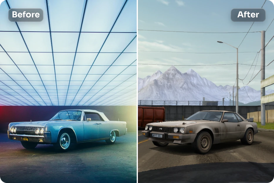 before and after effect of adding free ai ps2 filter to a car image in AI Ease