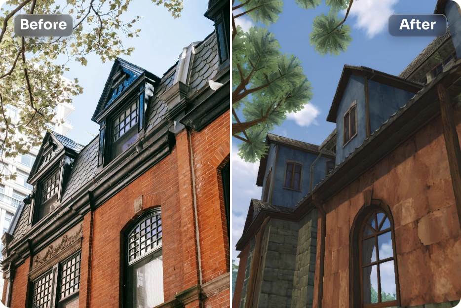 before and after effect of adding ps2 ai filter to a building image in AI Ease