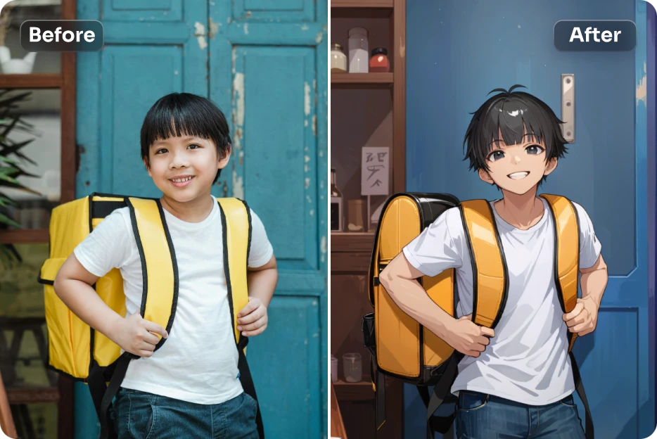 before and after effect of applying ai anime filter to a boy with a schoolbag image in AI Ease