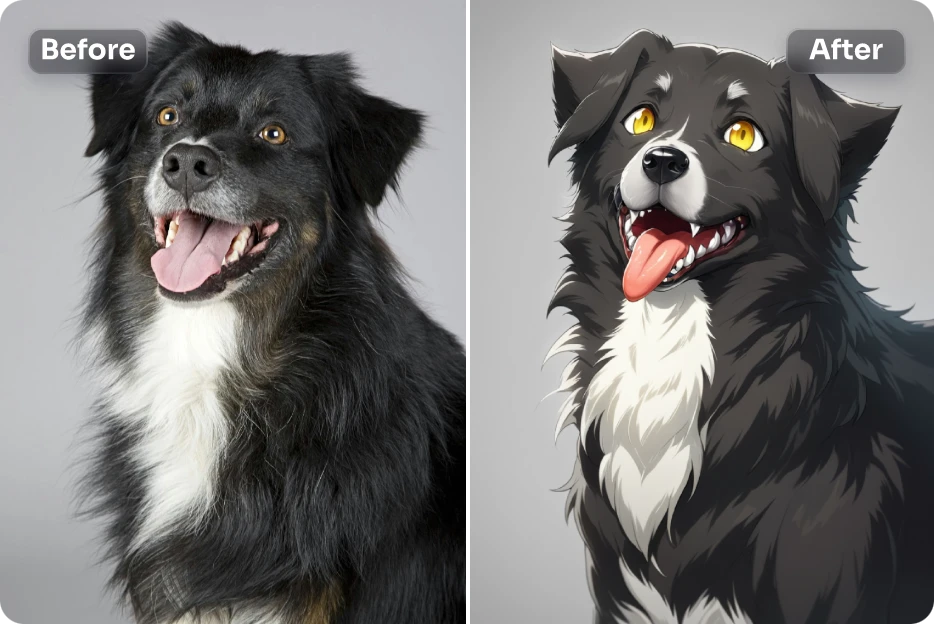 before and after effect of applying cartoon ai filter to a black shepherd image in AI Ease