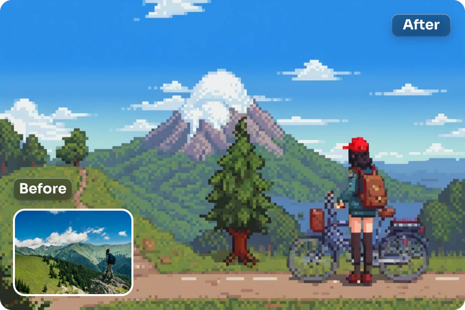 before and after effect of turning a girl in mountain image into pixel art with AI Ease free ai filter