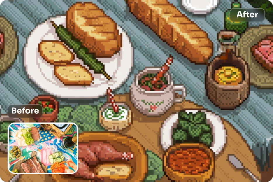 before and after effect of turning a table of food image into pixel art with AI Ease free ai filter