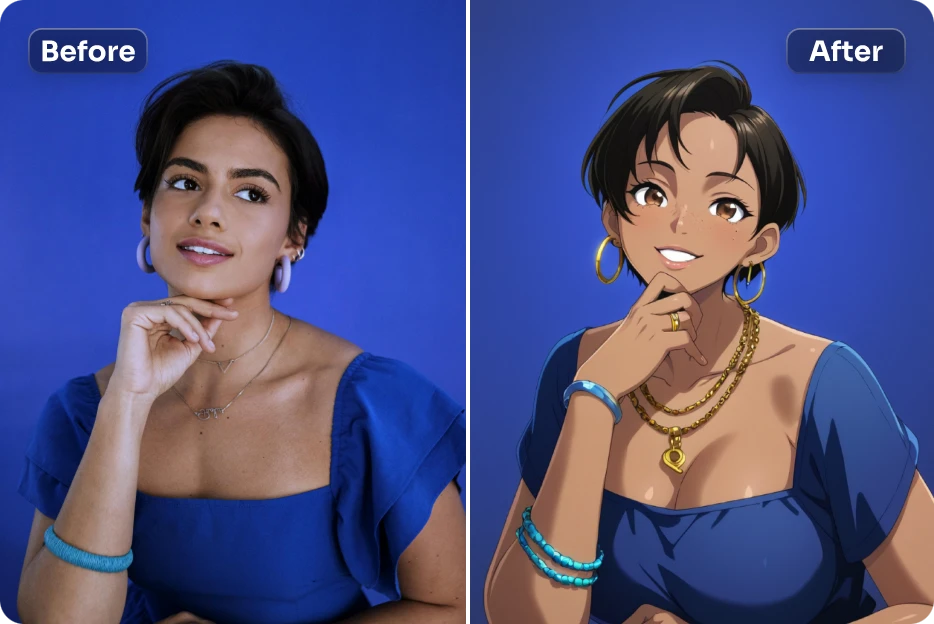 before and after effects of adding cartoon ai filter to a female portrait in AI Ease