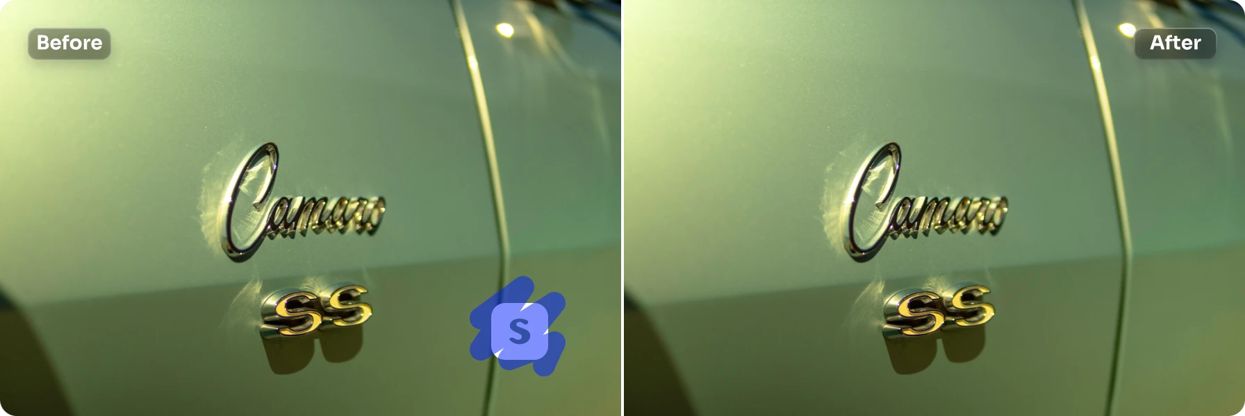 before and after effects of removing logo from metal decoration image in AI Ease