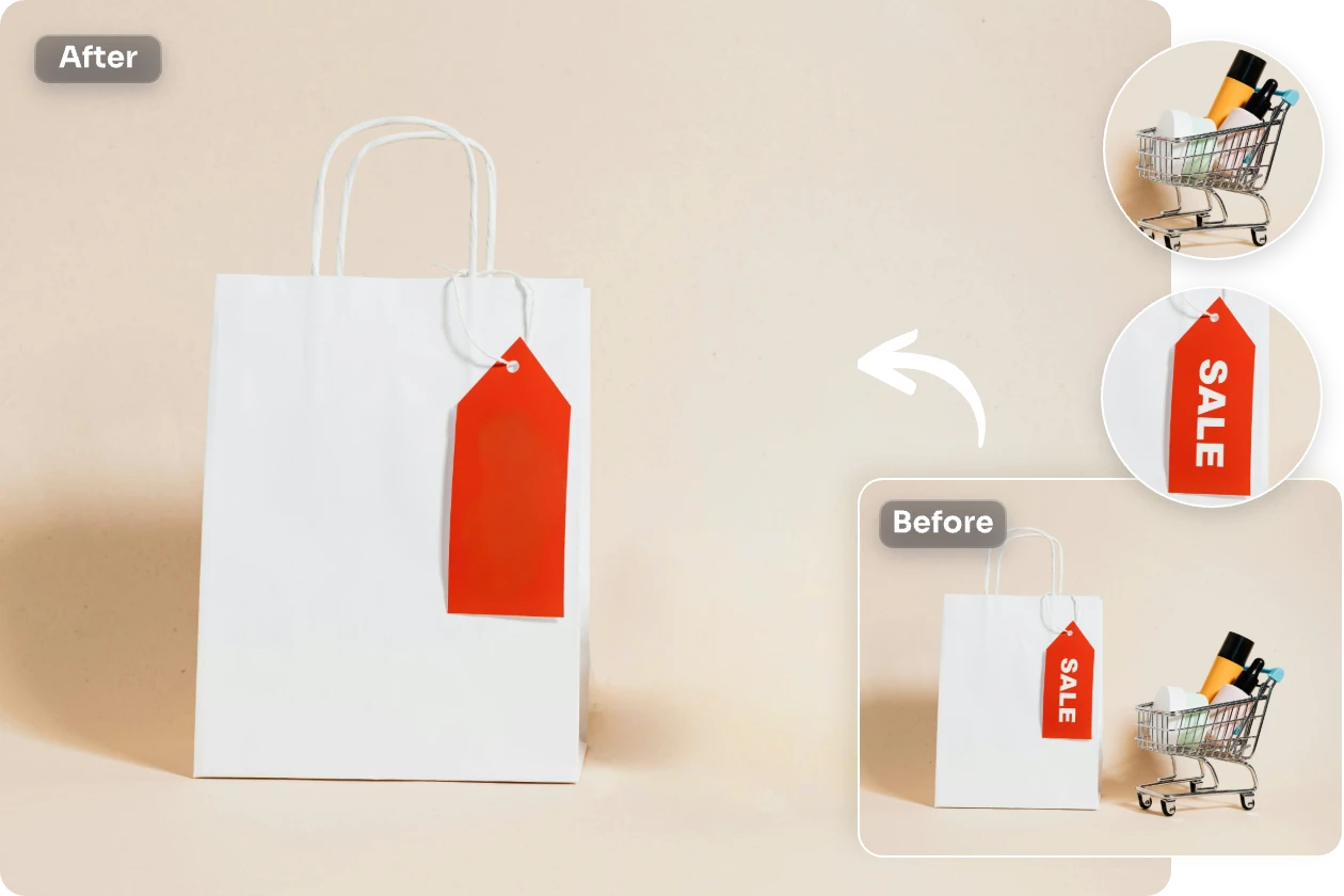 clean up text and shopping car from a shopping bag image with ai ease