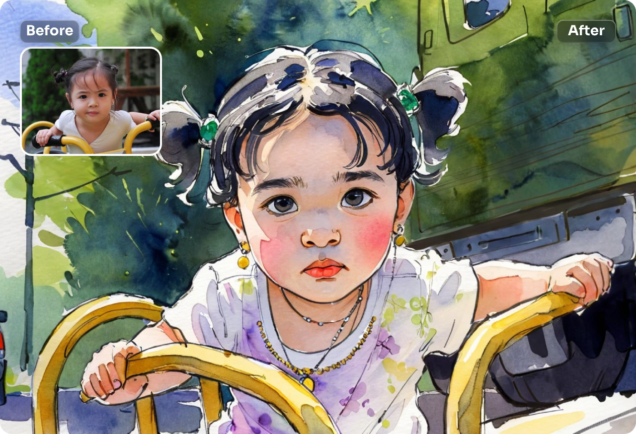 convert a cute little girl image into watercolor effect with ai ease