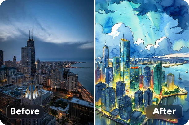 convert city night scape into watercolor with ai ease