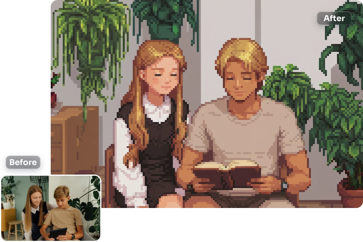 convert couple reading photo to pixel art in AI Ease for free