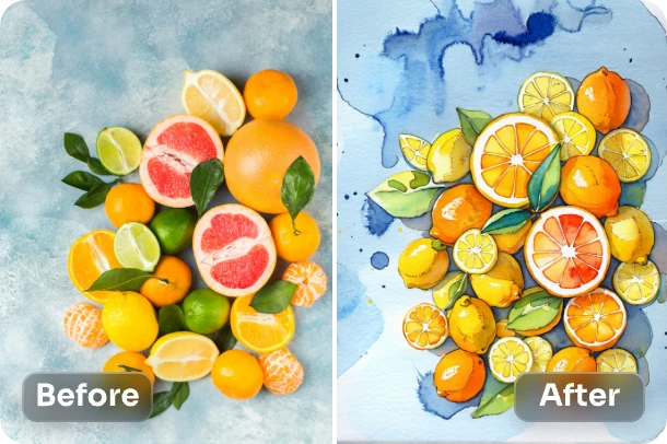 convert fruits into watercolor painting with ai ease