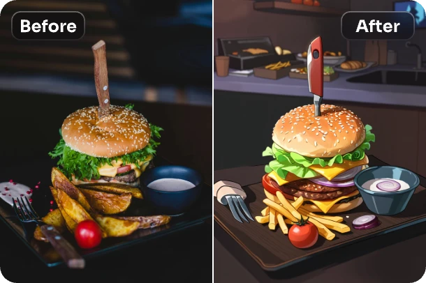 convert hamburgers and french fries to anime style with ai ease