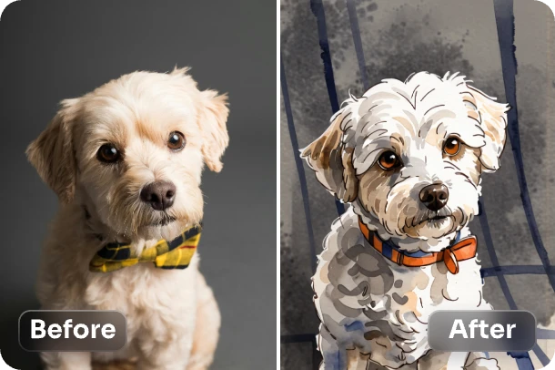 convert lovely puppy into watercolor effect with ai ease