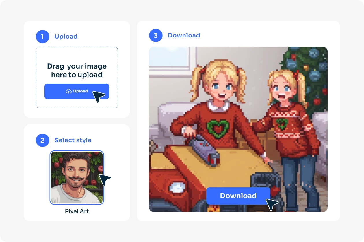 convert two girls playing photo to pixel art in AI Ease for free