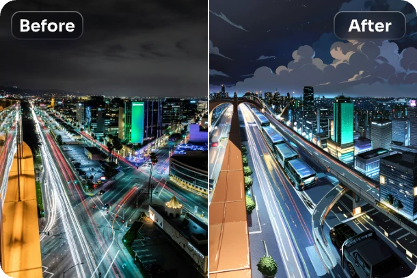 convert city night scape to anime style with ai ease