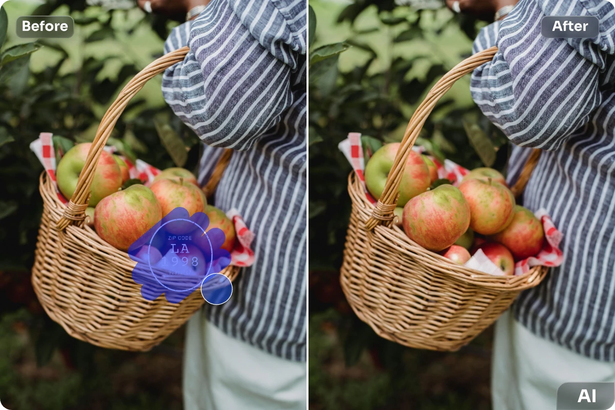 remove logo stamp from fruit basket image with ai ease