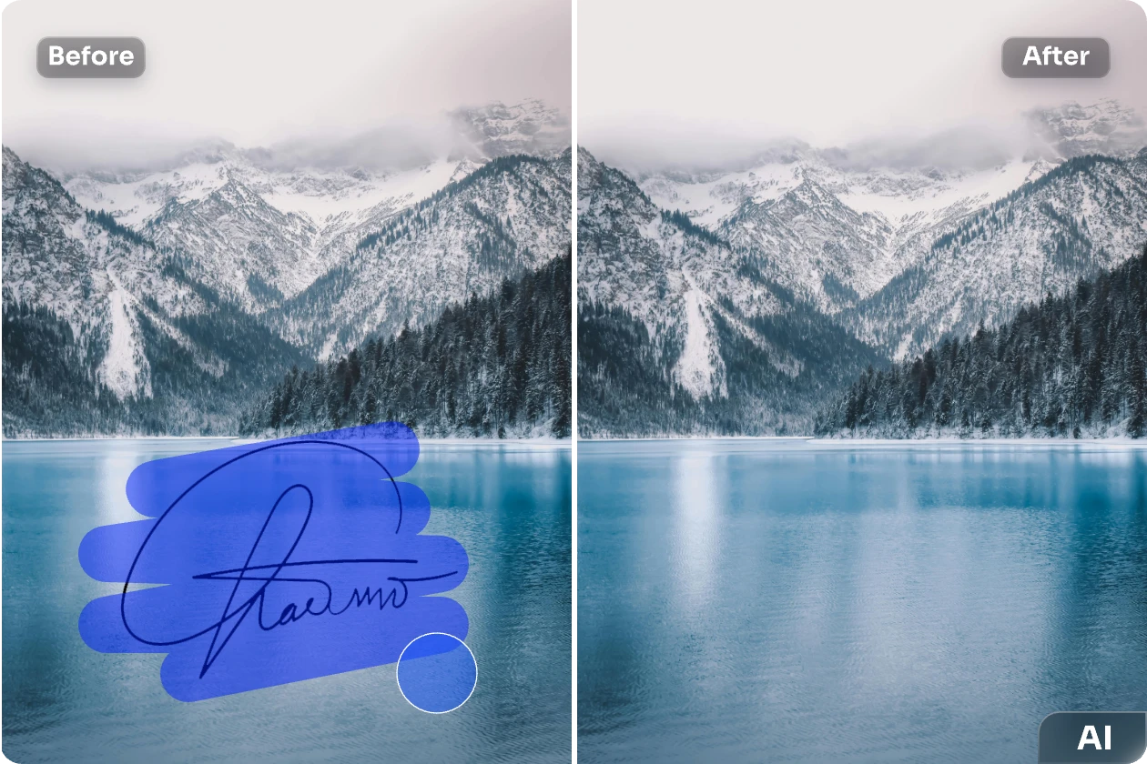 remove signature from a snow mountain landscape photo for free