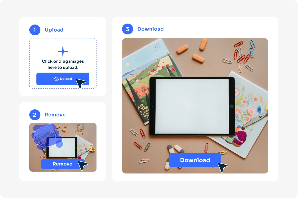 remove the stamp from the ipad and notebook image using AI Ease watermark remover