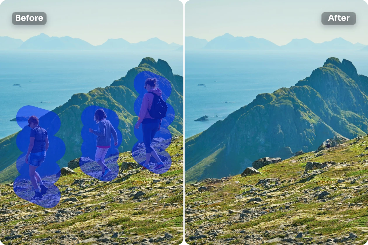 remove three people from the mountain landscape image using AI Ease online free object remover