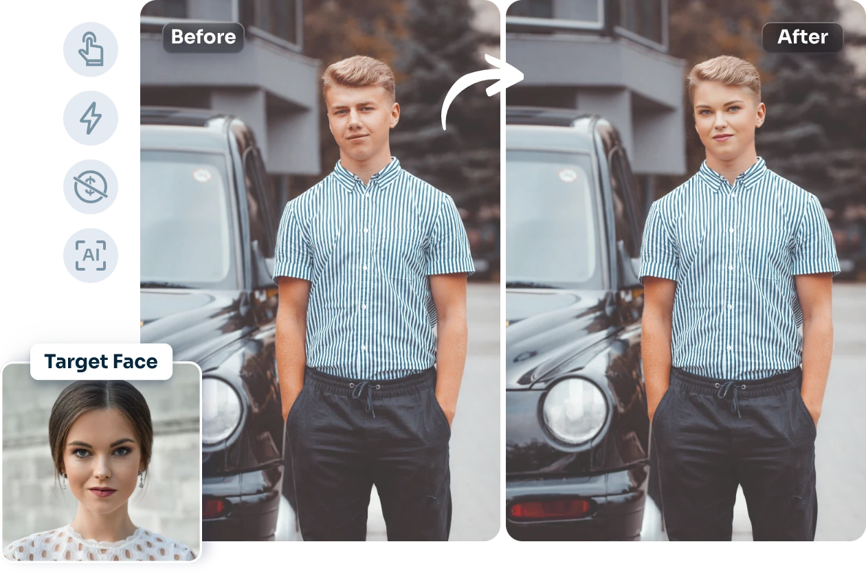 swap a female face with a man in AI Ease online face swapper