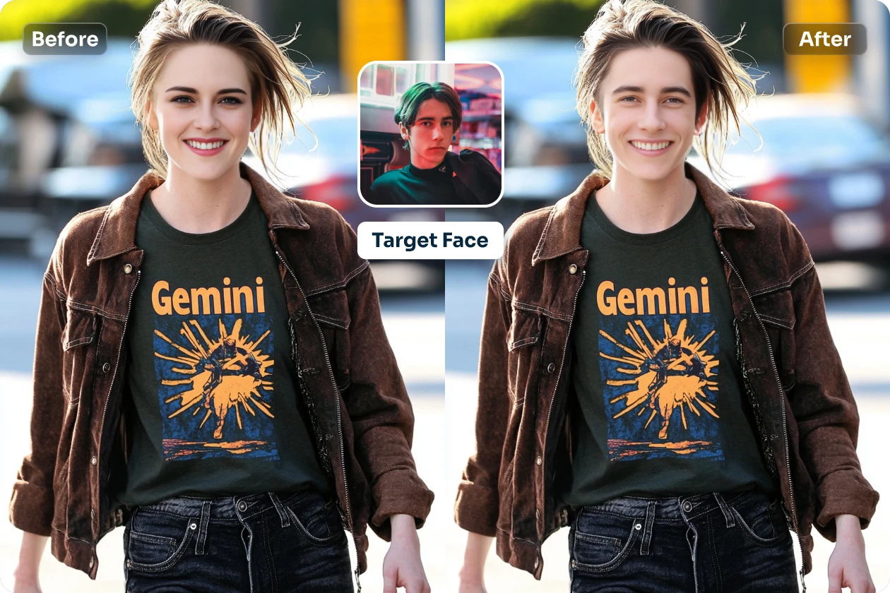 swap a male face with kristen stewart in AI Ease online photo gender swap tool