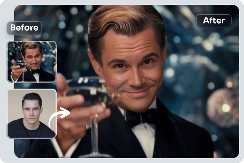 swap leonardo cheers meme face with a male face in AI Ease online face swapper