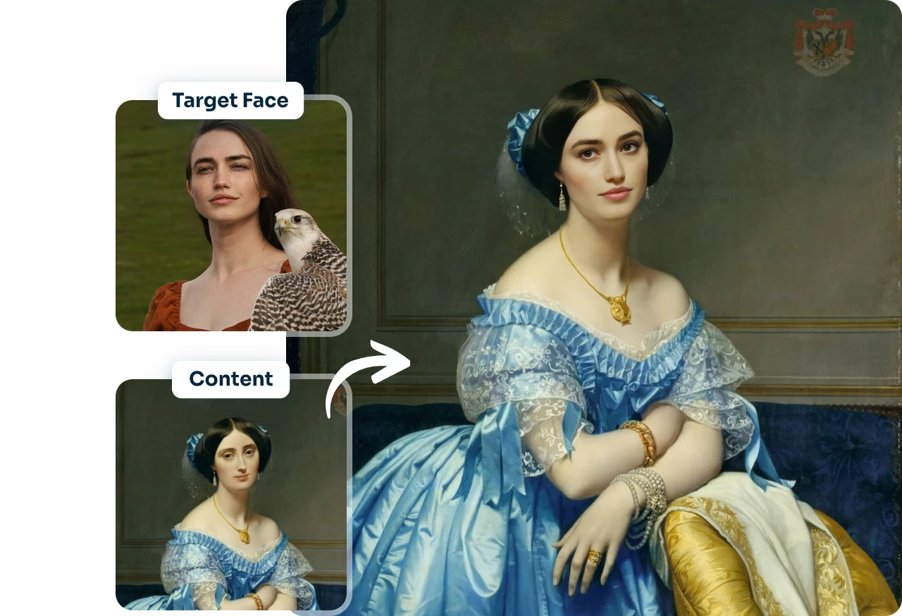 swap the oil painting girl face with a realistic female face using AI Ease online ai face swapper