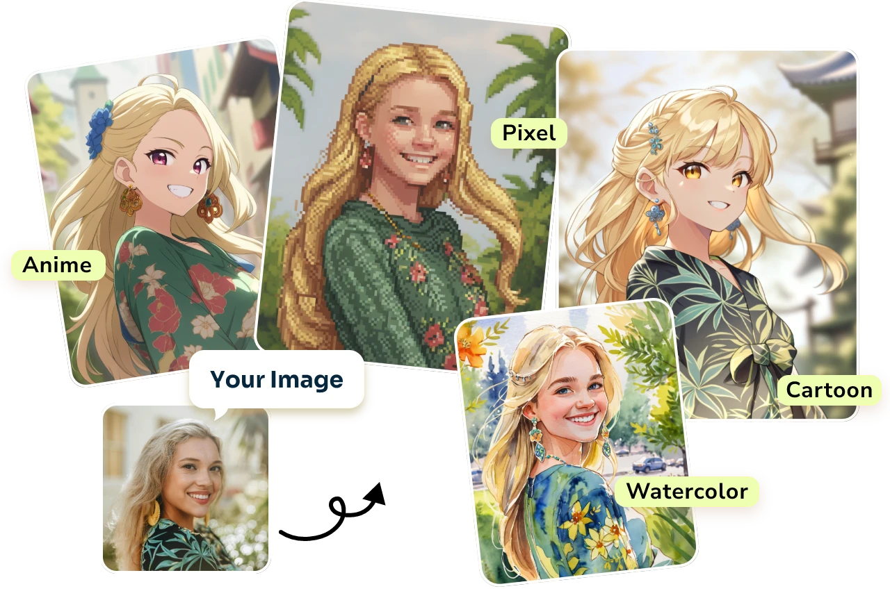 turn a female portrait into four different styles using AI Ease free ai filter