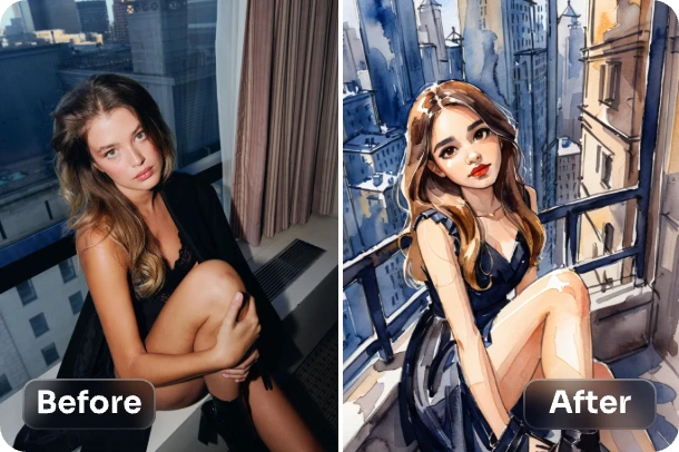 turn female portrait into watercolor effect with ai ease