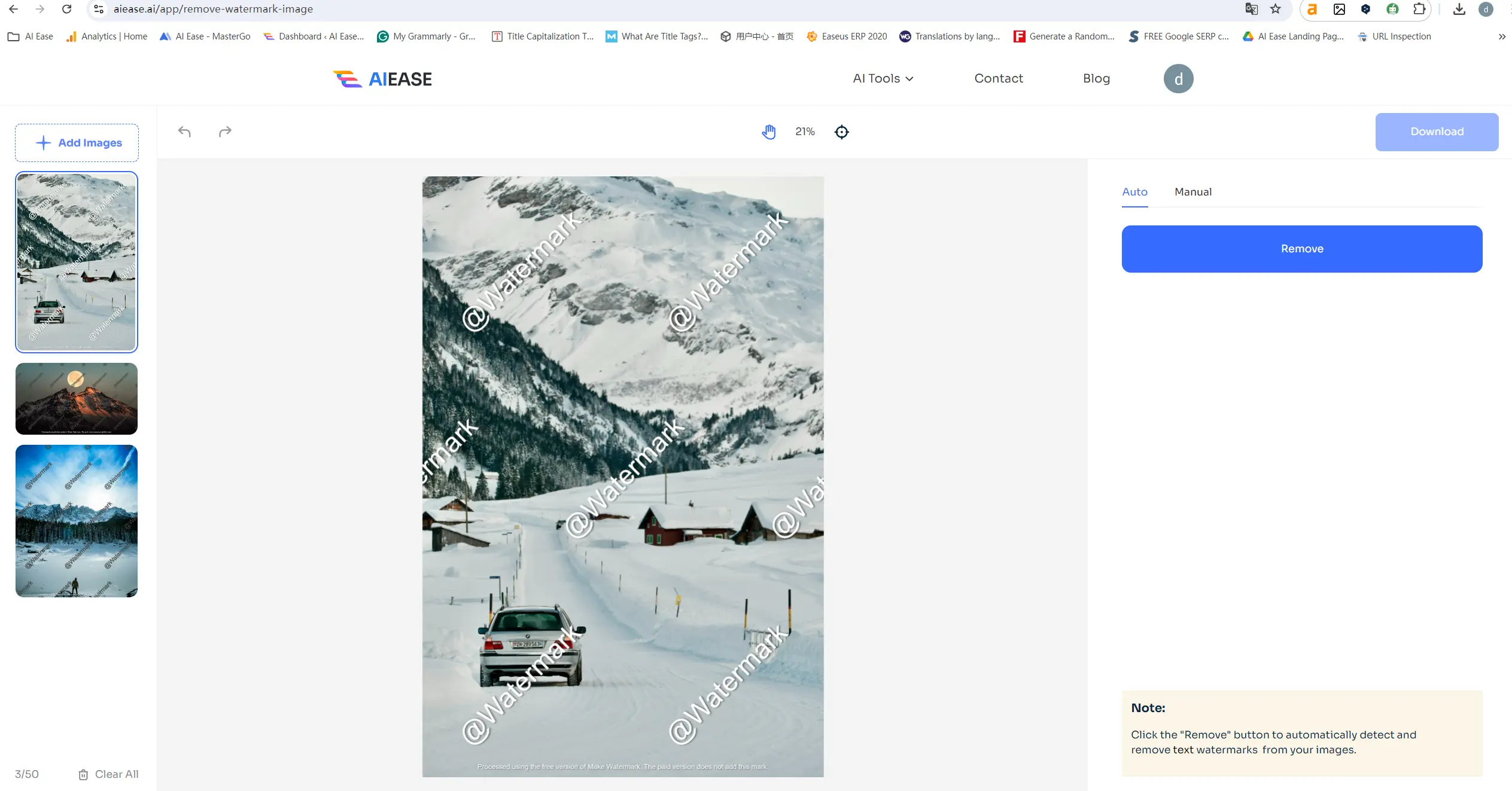 upload 3 images and remove watermarks on ai ease image watermark remover