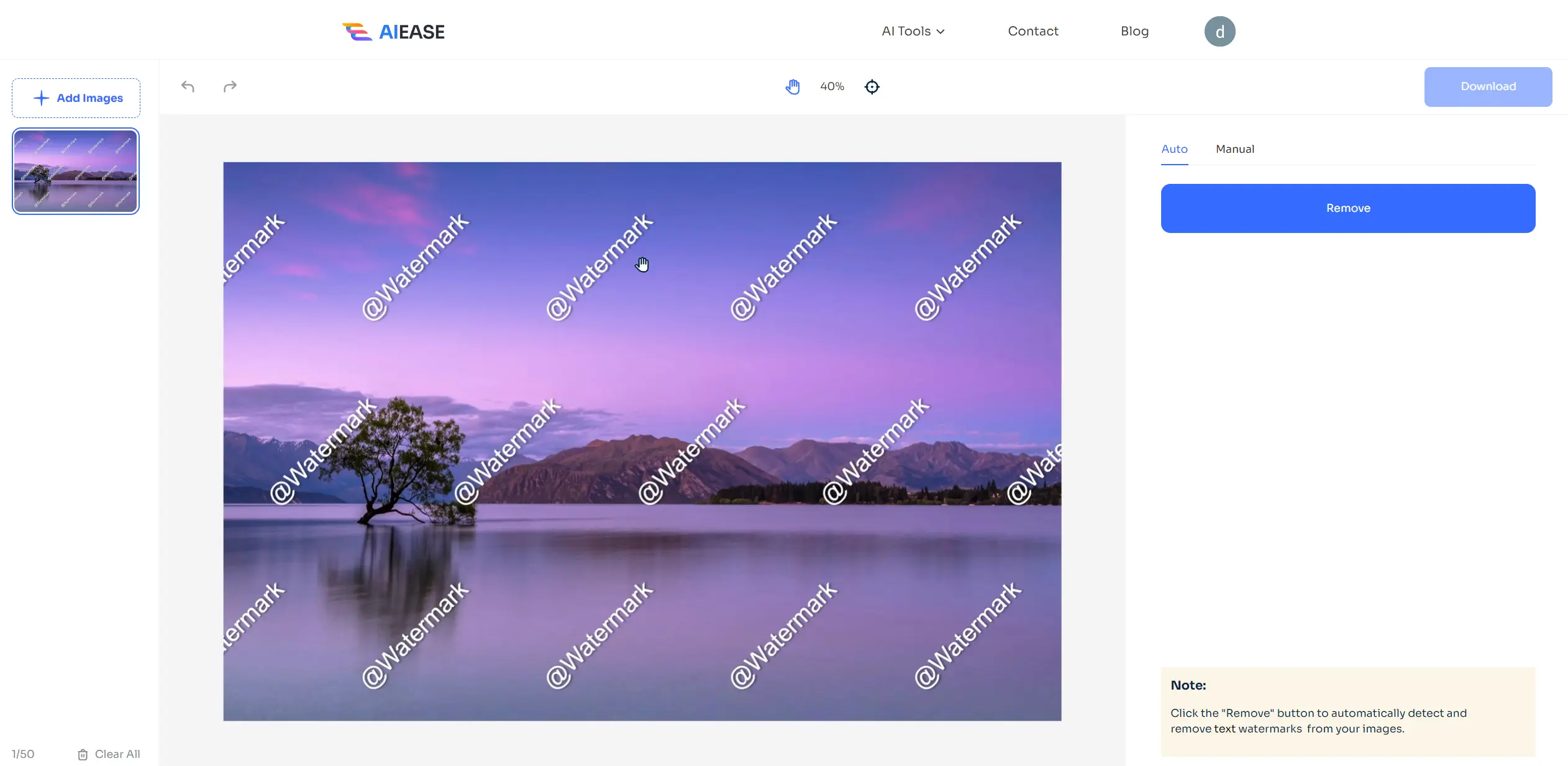 upload watermarked landscape image to ai ease image watermark remover