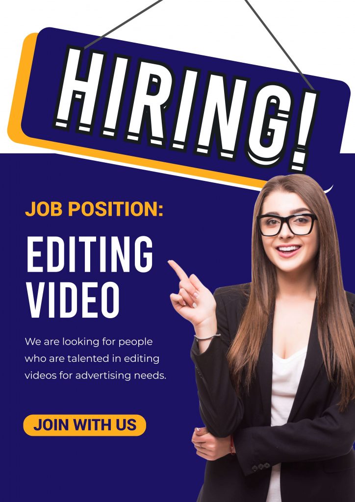 a blue hiring poster with a transparent woman photo