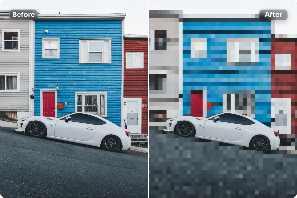 apply mosaic blur to the building and car image background in AI Ease