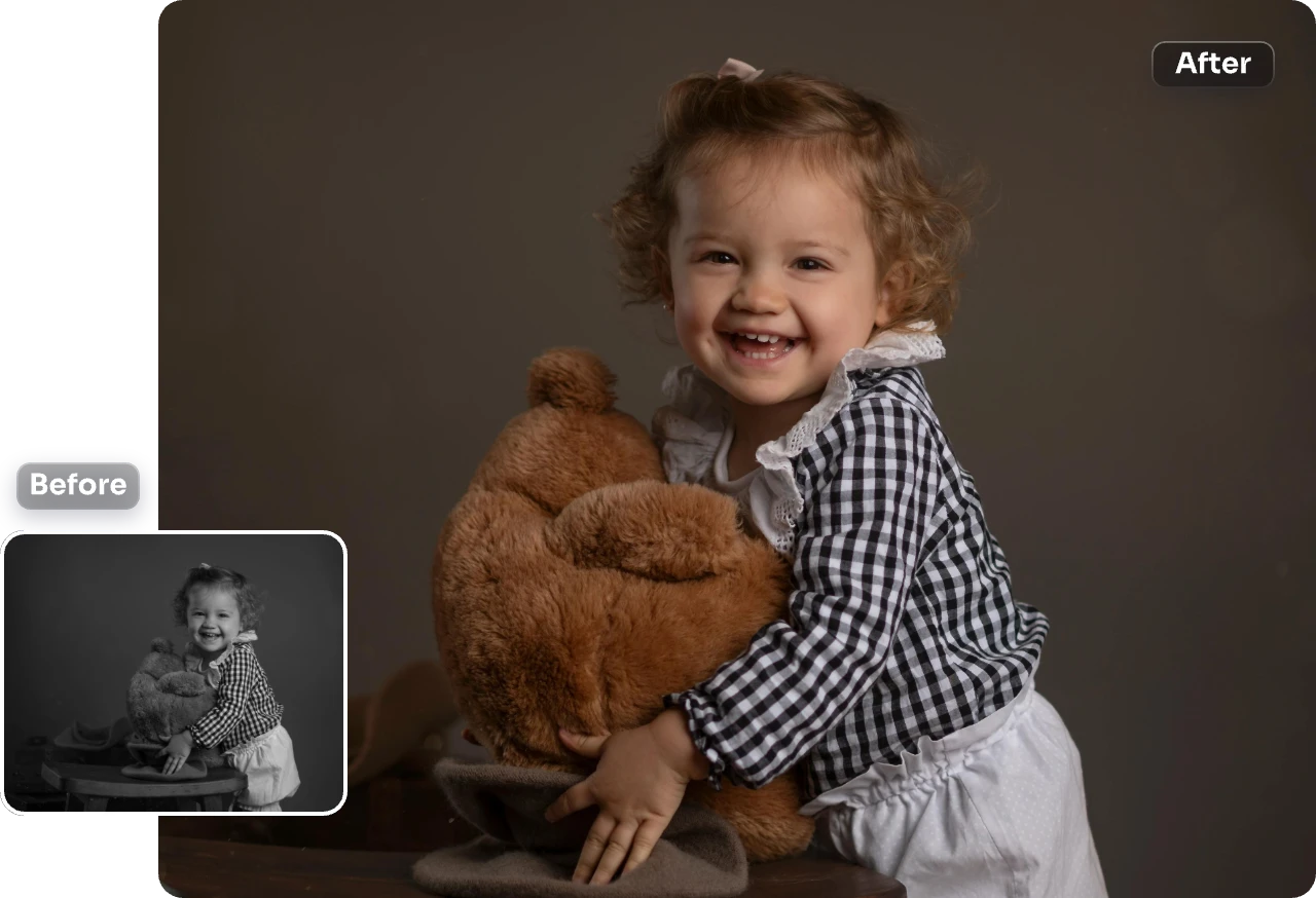 banner of turnning a black and white little girl photo into colorful one