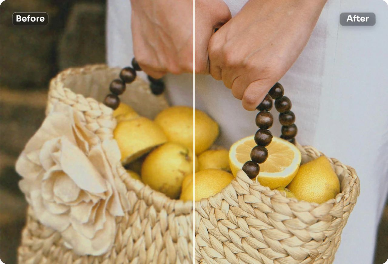 before and after contrast photo of upscalling a blurry lemon picture