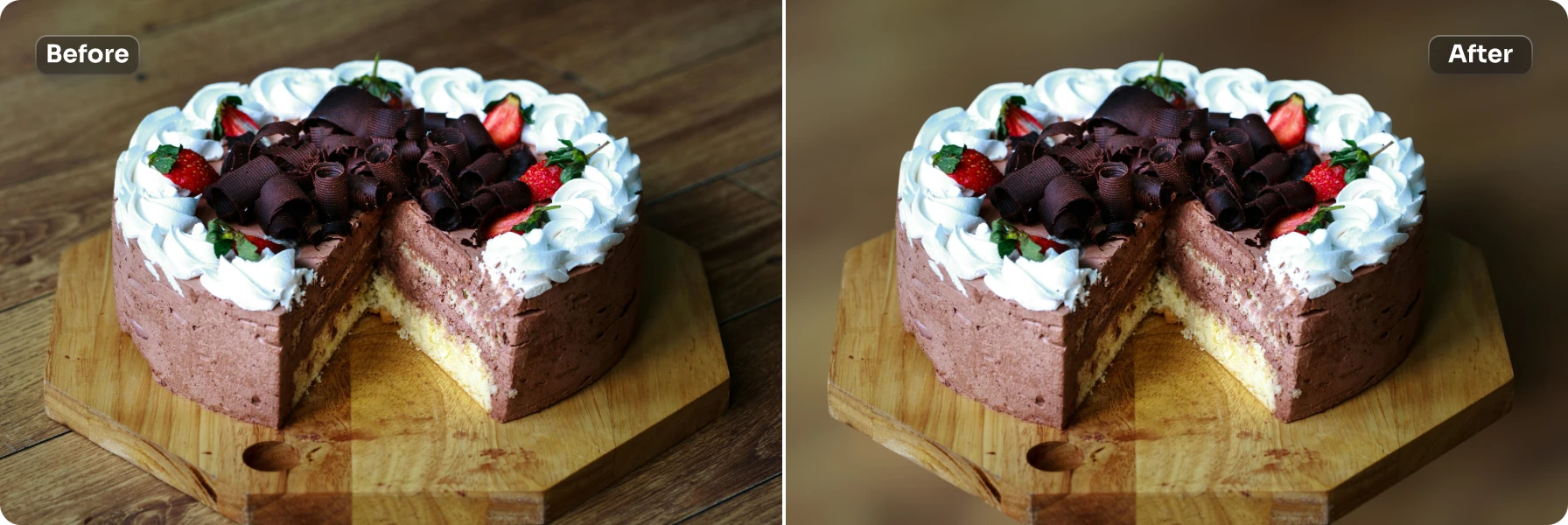 before and after effect of applying gaussian blur to the cake image background in AI Ease