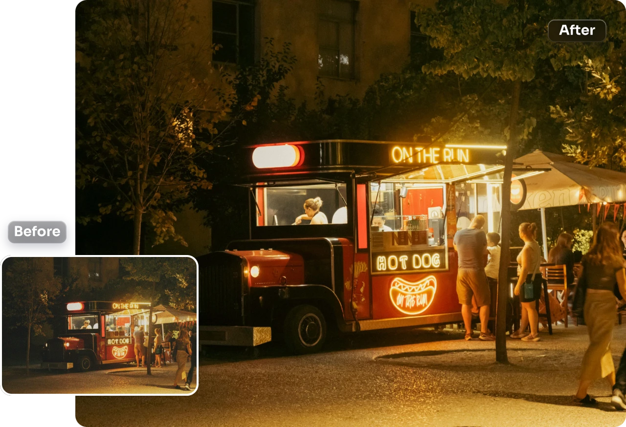 denoise the night street bar car image using AI Ease for free