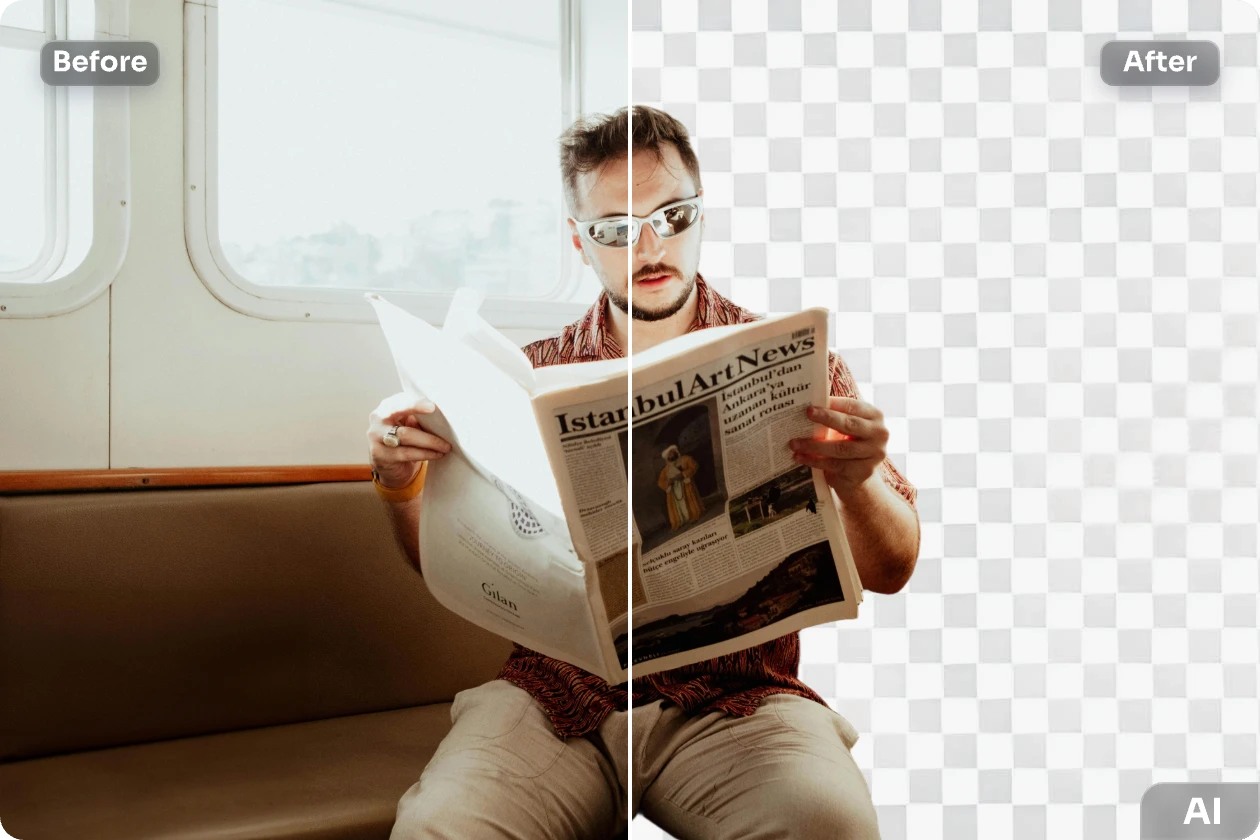 make a man reading newspaper image transparent with ai ease transparent background maker