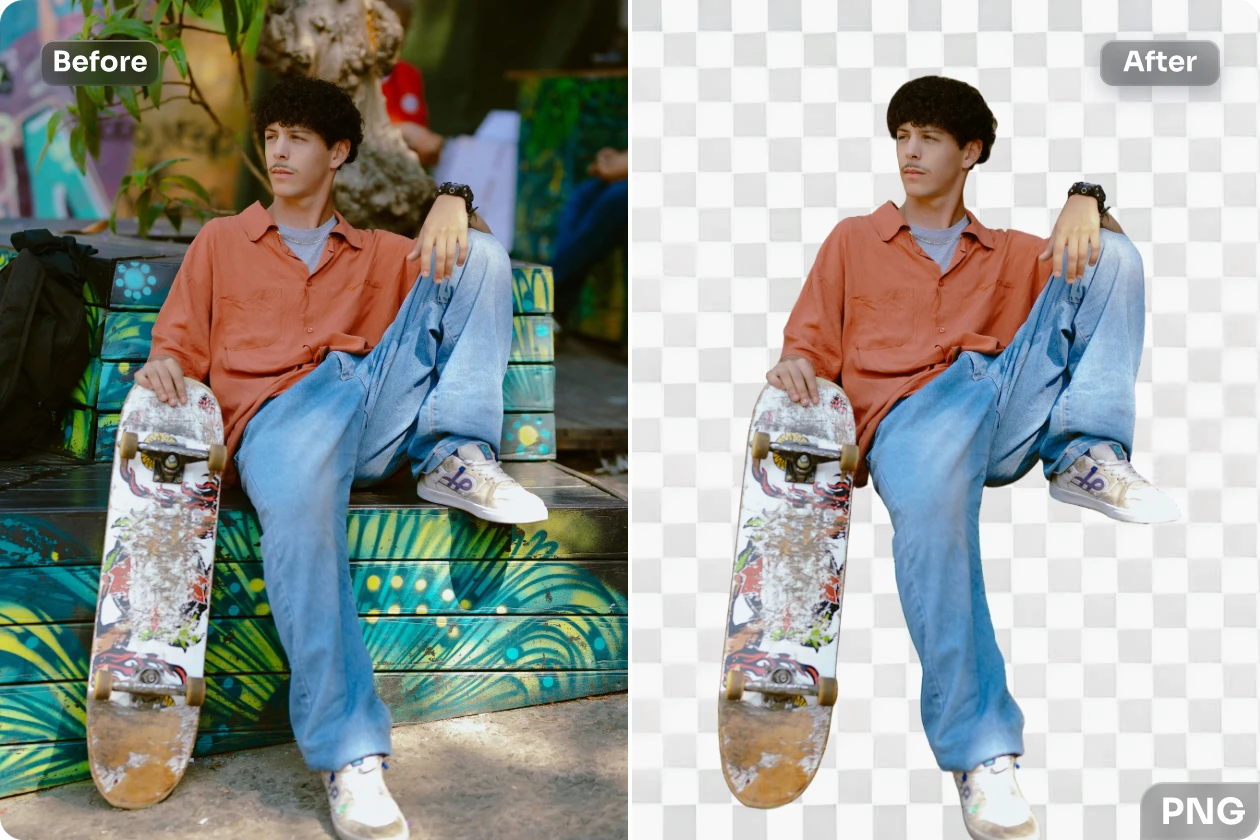 make the man holding a skateboard image into png with transparent background in AI Ease